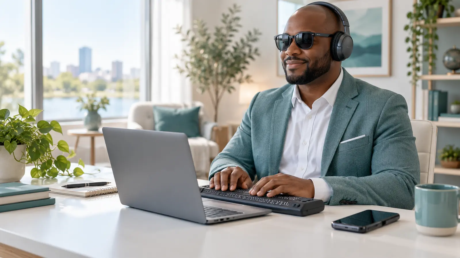 A man wearing sunglasses and headphones uses a laptop and refreshable Braille display at a desk beside a bright window.